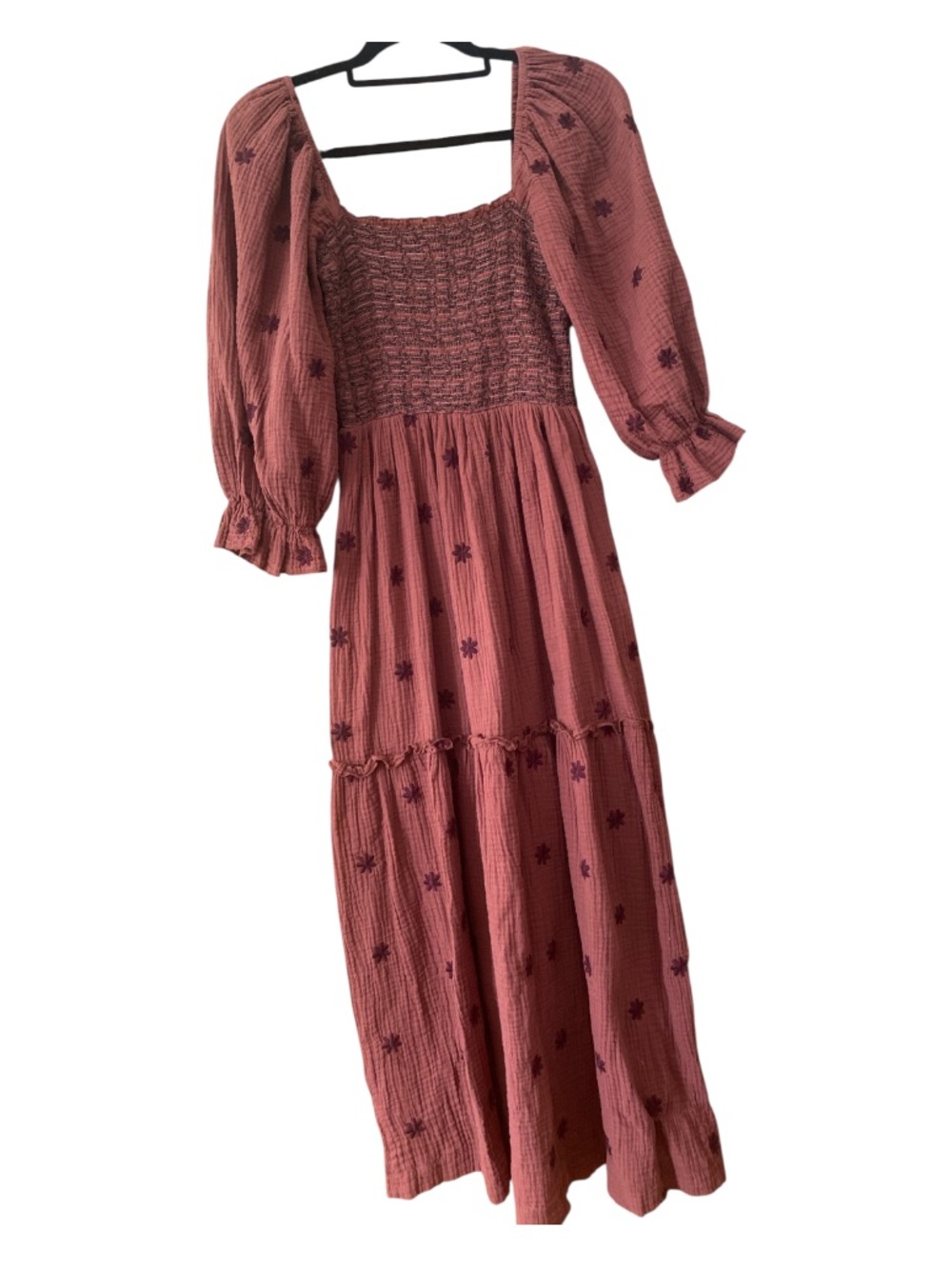 Boho Gauze Texture Embroidered Smocked Midi Dress Puff Sleeve Cottagecore